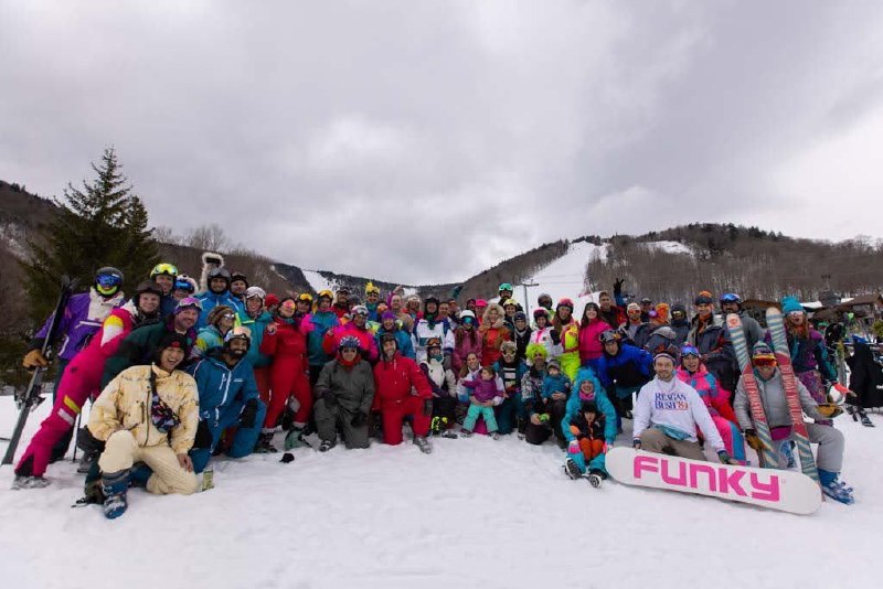 80s themed après ski party at Killington with leg warmers headbands and neon