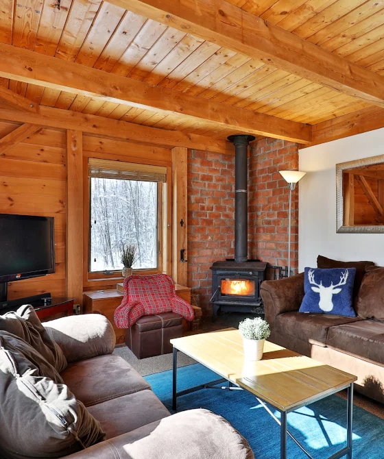 Living room of a short-term rental cabin in Killington, VT. A window shows a winter view with trees outside. Inside we see a fireplace, plentiful sofa seating and a smart TV, among other furnishings and decors.