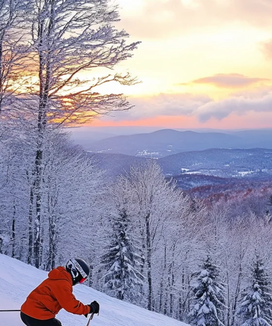 A skier down the slopes. Trees and a beautiful winter sky seen in the background.