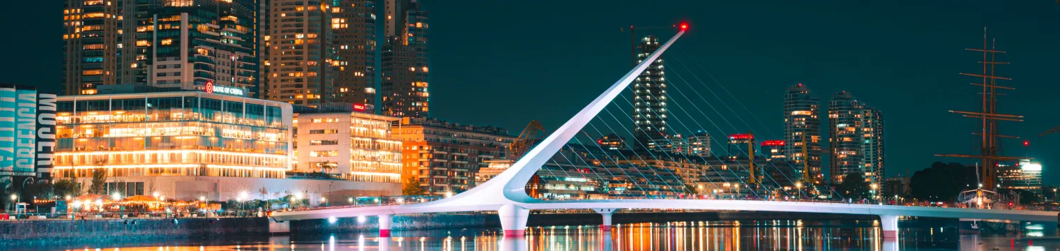 Night time view of Puente de la Mujer in Puerto Madero, Buenos Aires